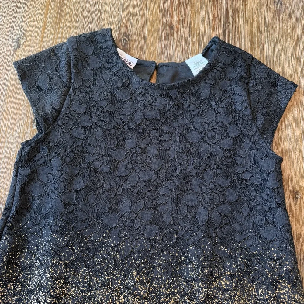 3/27$ Blueberi Boulevard Black and Gold Lace Kids Dress size 12 - Picture 2 of 12